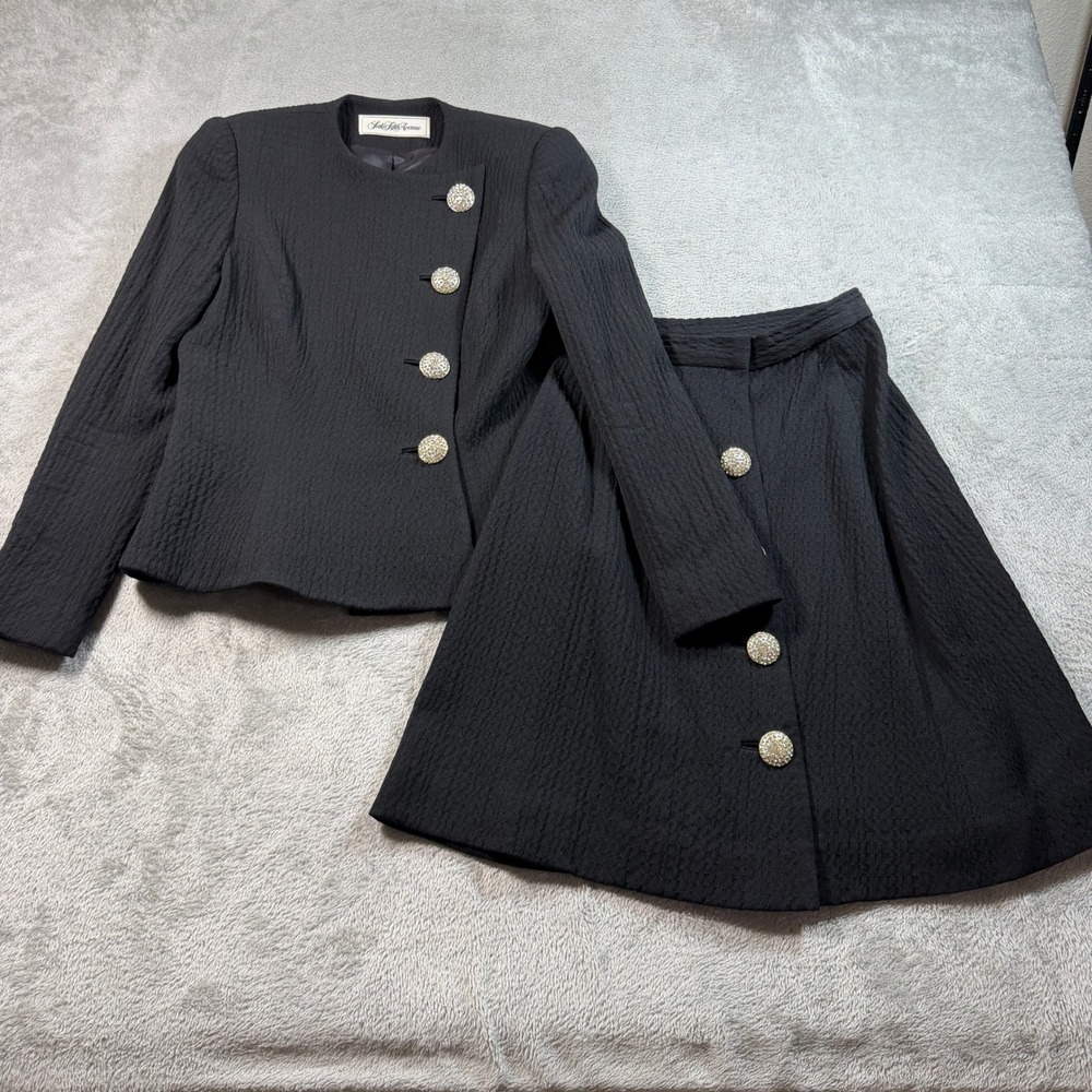 Vintage Saks Fifth Avenue Skirt Suit Set Women 2 Black Wool Button Textured USA